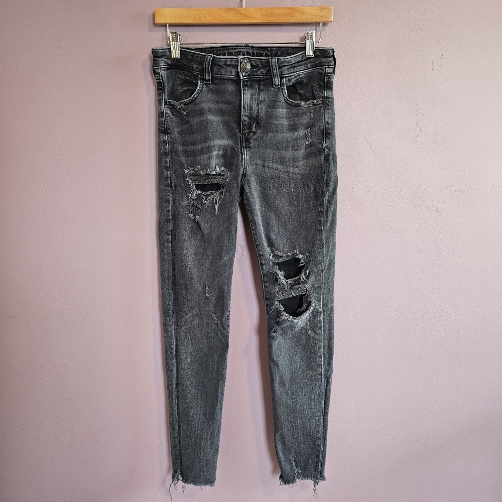 American Eagle Stretch Washed Gray Distressed Grunge Hi-Rise Jegging Jeans